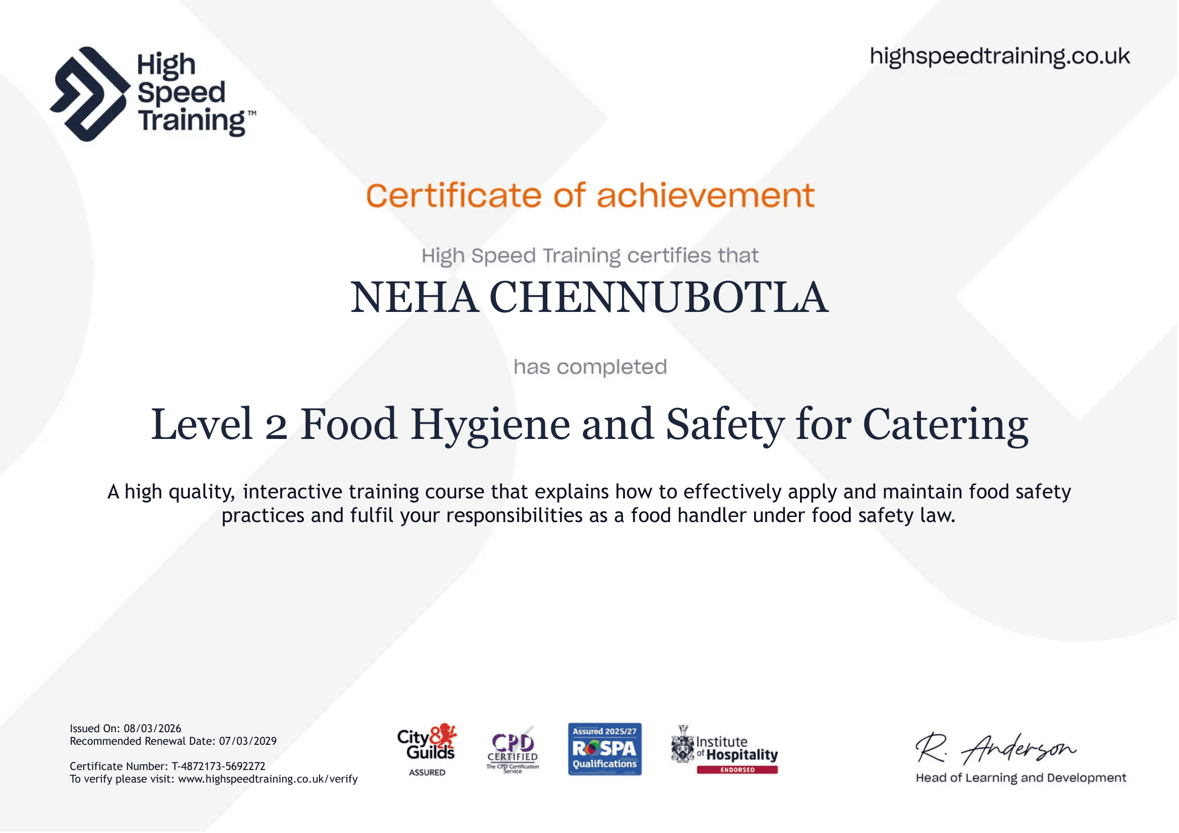Level 2 Food Hygiene and Safety Certificate